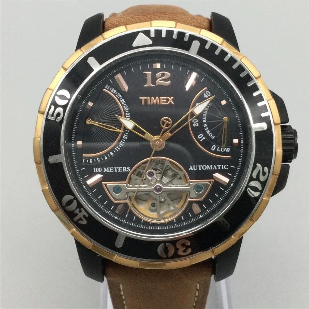 Timex Mens Watch 45mm Power Reserve Fly Leather Automatic 100m Diver Skeleton